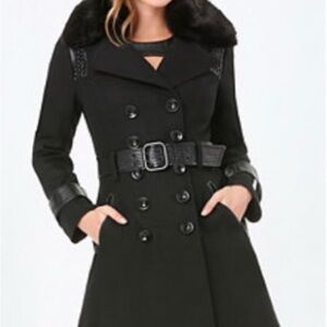 Bebe Black Double-Breasted Trench Coat with Removable Fur Collar